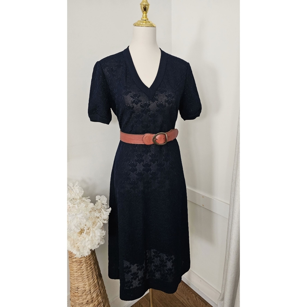 Vintage 60s-70s Kimberly Navy Blue Knit Sweater Short Sleeves Midi Dress